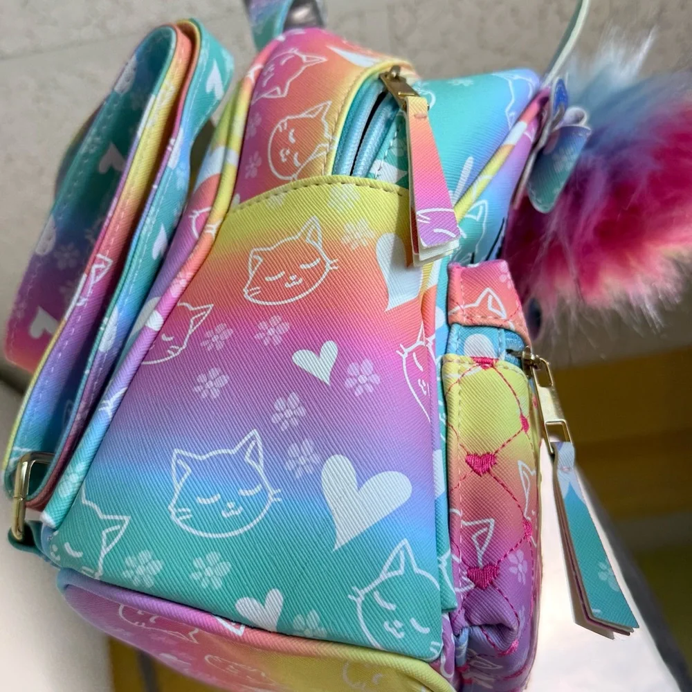 Under One Sky OMG Miss Bella Kitty Cat Glitter Mini Backpack - Rainbow Pom NWT